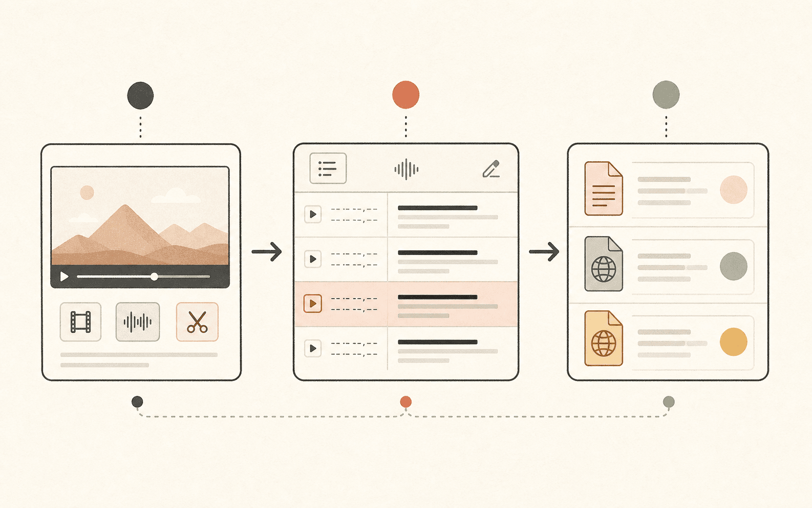 Warm minimal illustration of one video becoming multiple localized subtitle assets