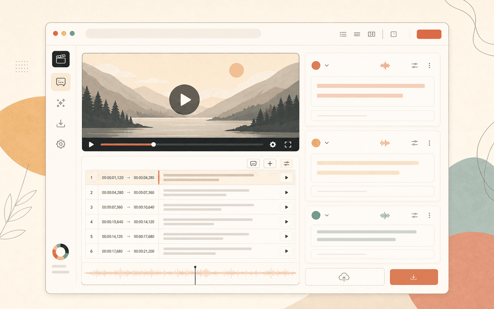 Warm minimal illustration of a video subtitle translation workspace